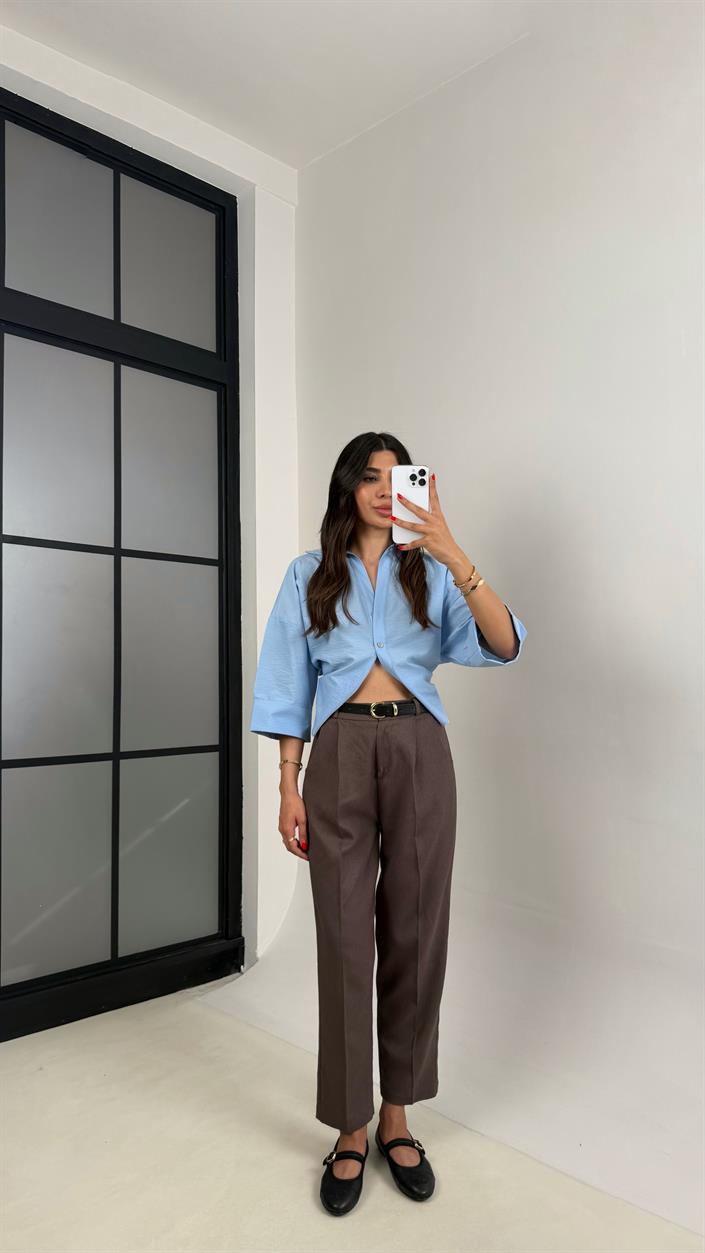 Kahve  Kemerli Cepli Premium Keten Pantolon Gaus00513