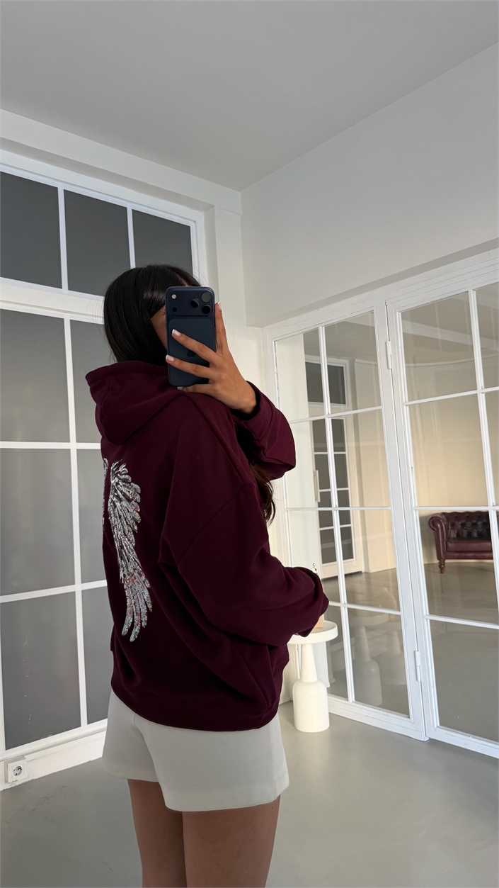 Mürdüm Kanat İşlemeli Kapüşonlu Sweatshirt GAUS-02052