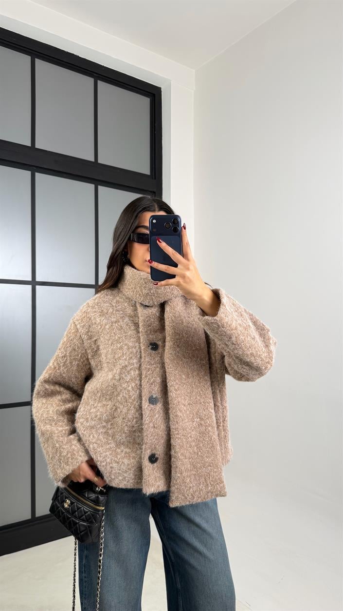 Bej ZR Muadil Astarlı Atkı Detaylı Kırçıllı Ceket GAUS-00718