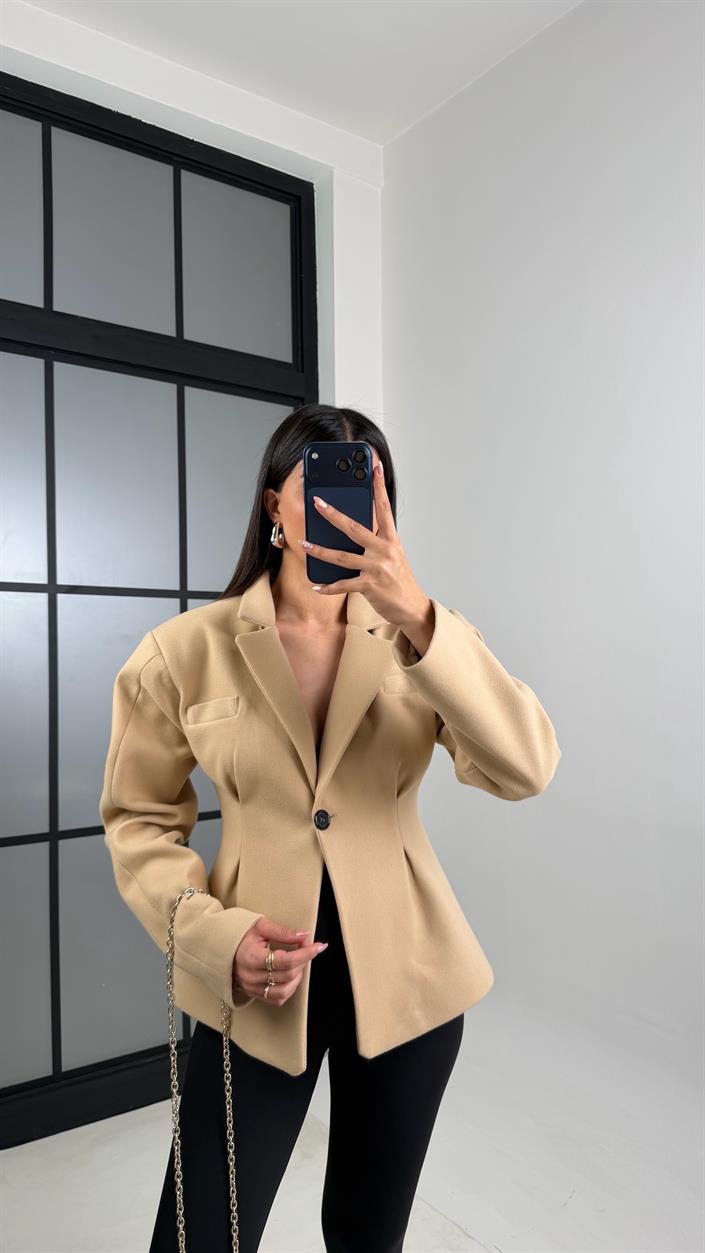 Camel Astarlı Belden Oturtmalı Premium Kaşe Ceket GAUS-00773