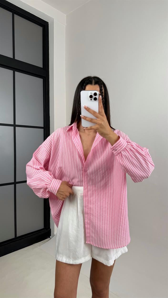 Pembe Beyaz Çizgili Basic Keten Gömlek Gaus00558