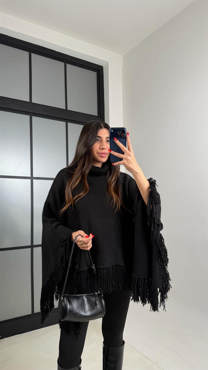 Siyah Balıkçı Yaka Püskül Detaylı Panço Kazak GAUS-00953