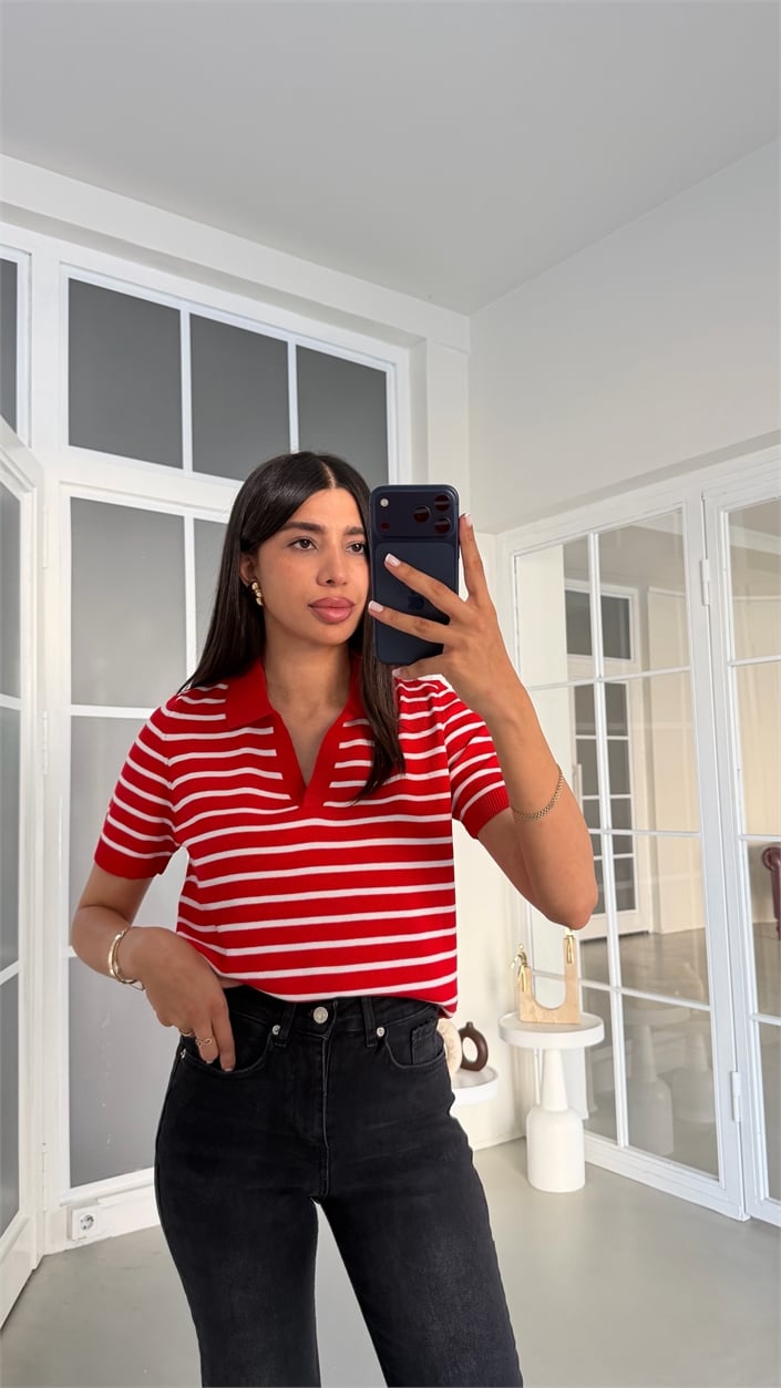 Kırmızı Polo Yaka Çizgili Kazak GAUS-02019