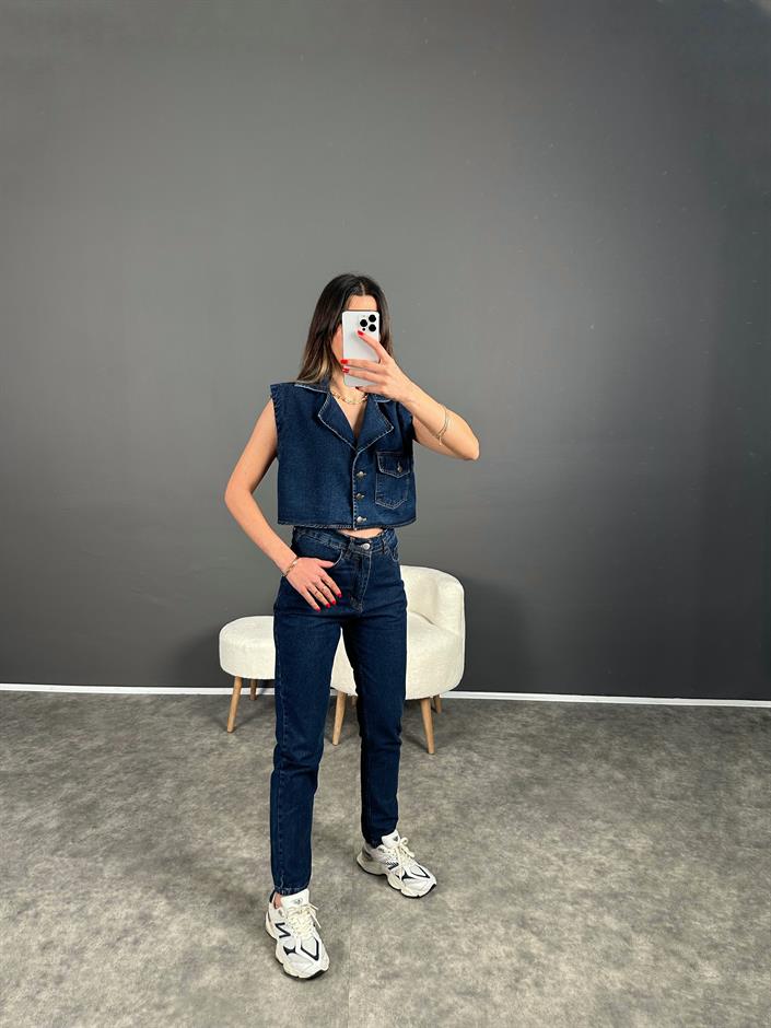Amio Koyu Mavi Yelekli Denim Takım