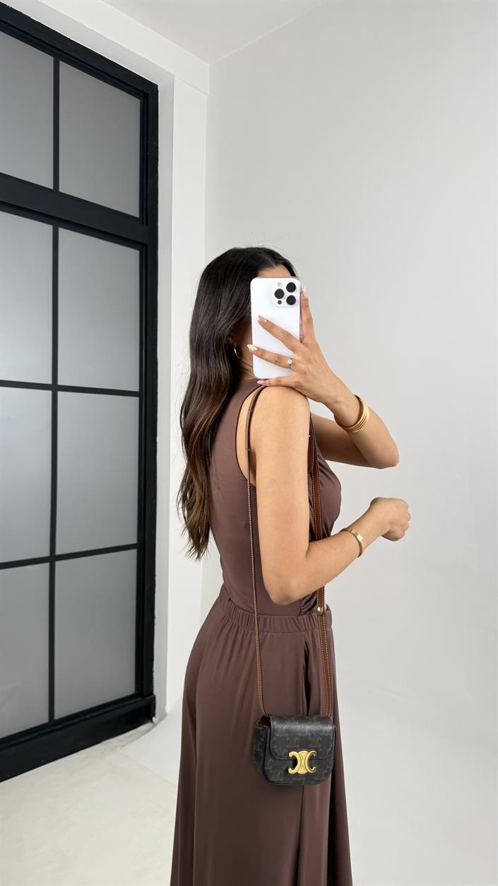 Kahve Oys Muadil Dekolteli Beli Lastikli Cepli Modal Kumaş Tulum Gaus00648