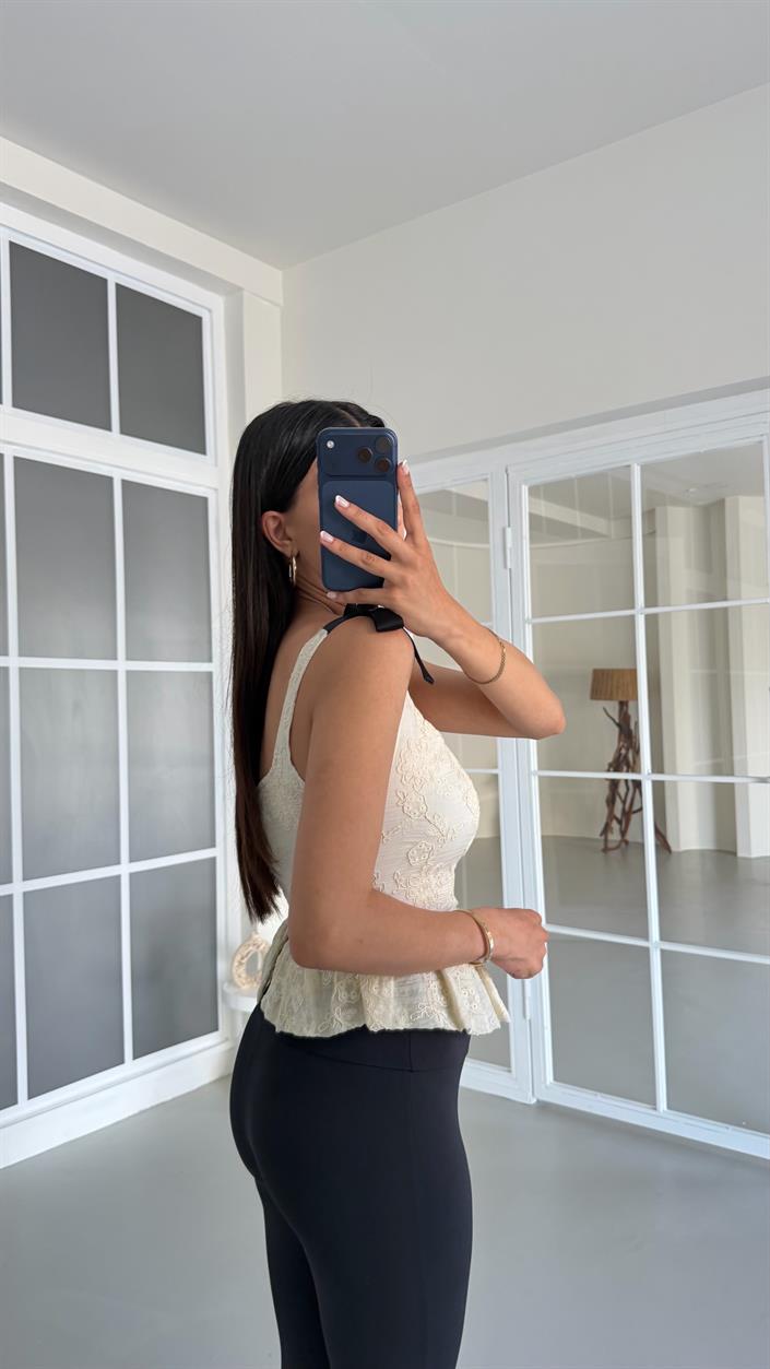 Krem Nakışlı Ayarlanabilir Askılı Korse GAUS-01638