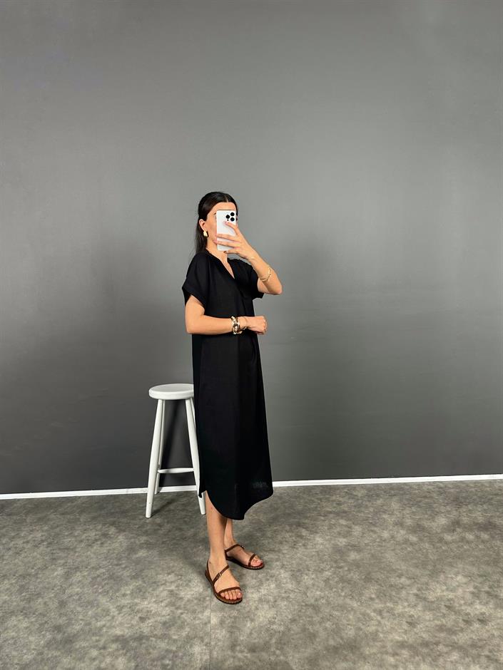 Anita Siyah V Yaka Premium Midi Keten Elbise