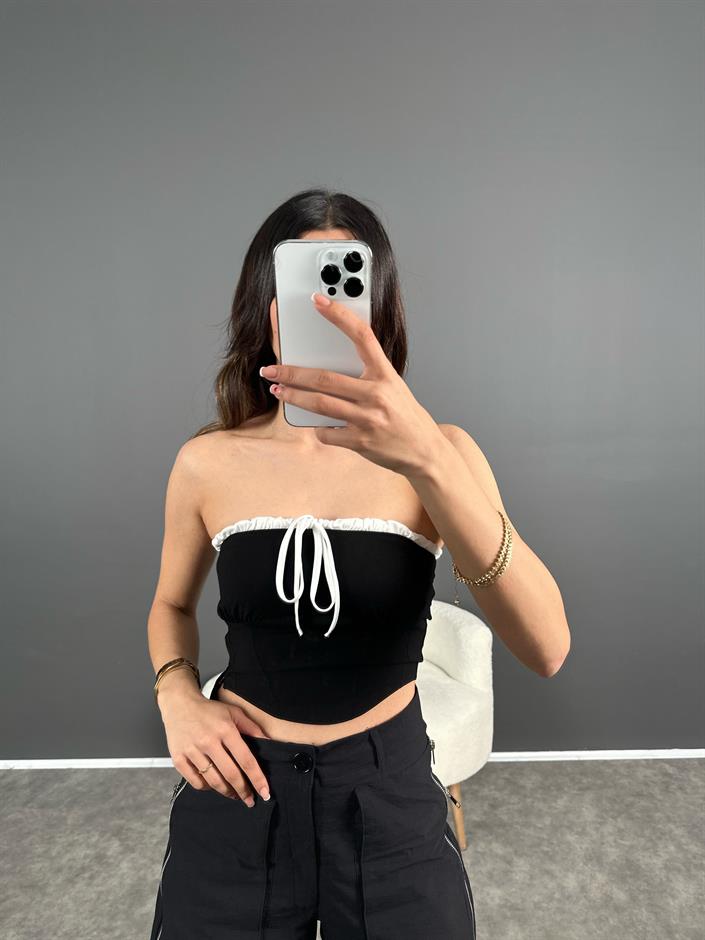 Siyah Şeritli Fırfırlı Straplez 