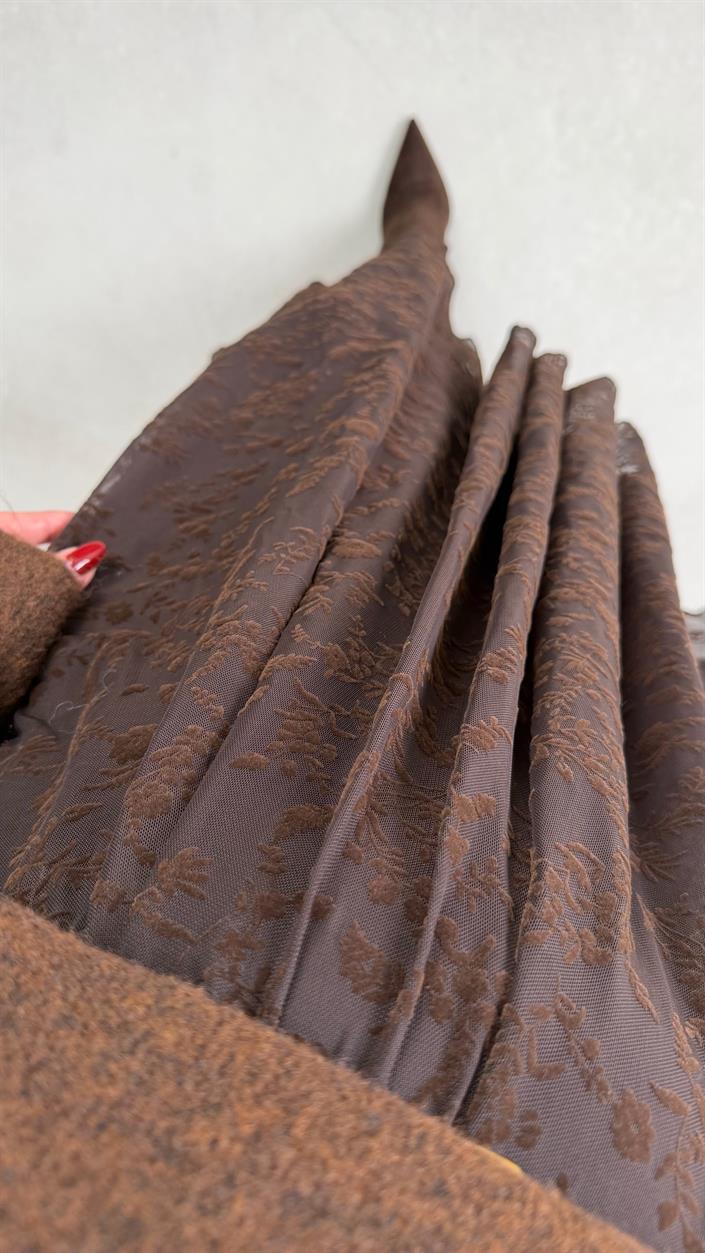 Kahve Çiçek İşlemeli Astarlı Tül Etek GAUS-00757