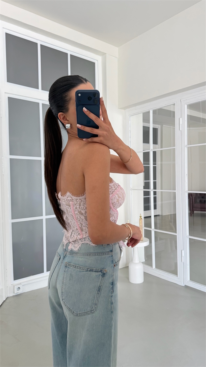 Pembe Dantelli Korse Bluz GAUS-01860