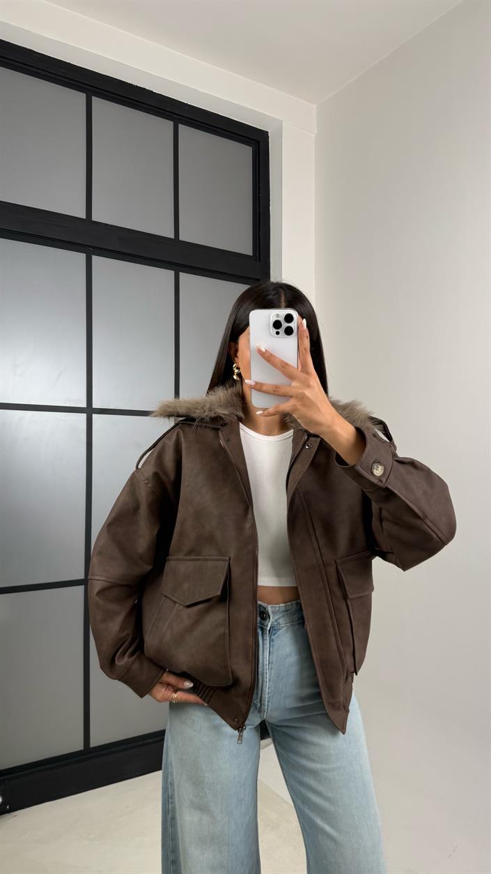 Kahve Çıkarılabilir Kürk Yaka Premium Süet Deri Mont GAUS-00500