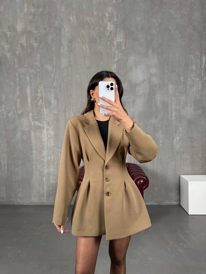 Tore Camel Belden Oturtmalı Düğmeli Astarlı Ceket
