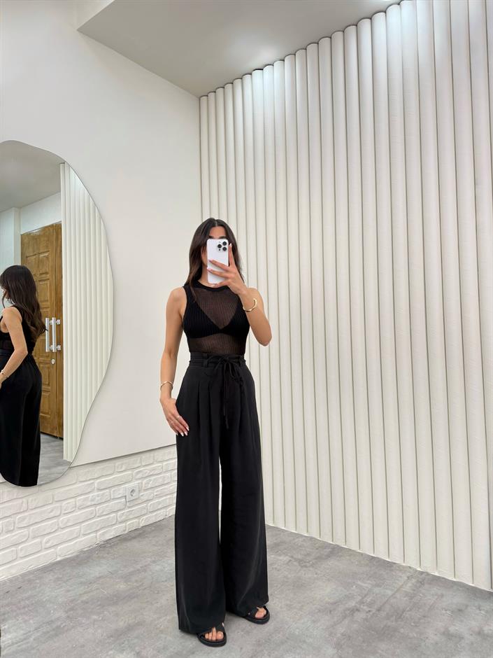 Siyah Kuşaklı Tensel Kırışık Kumaş Palazzo Pantolon Gaus00302