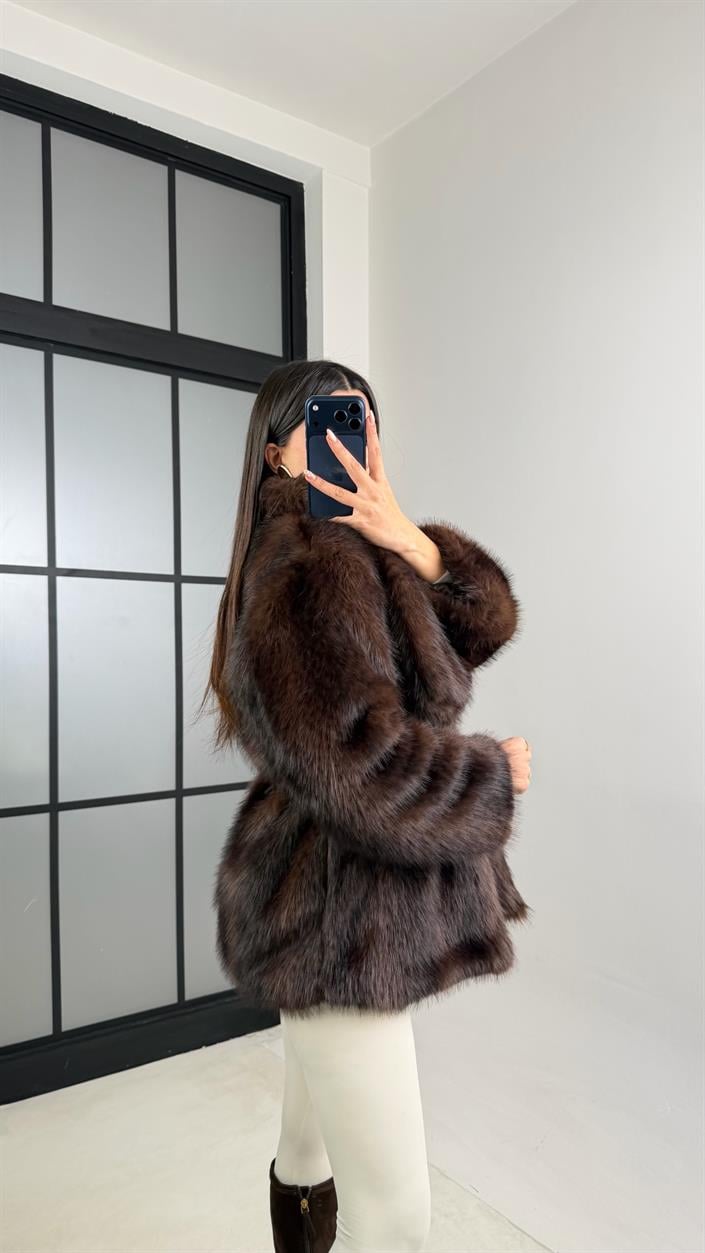 Acı Kahve Astarlı Kemer Detaylı Premium Kürk GAUS-00878