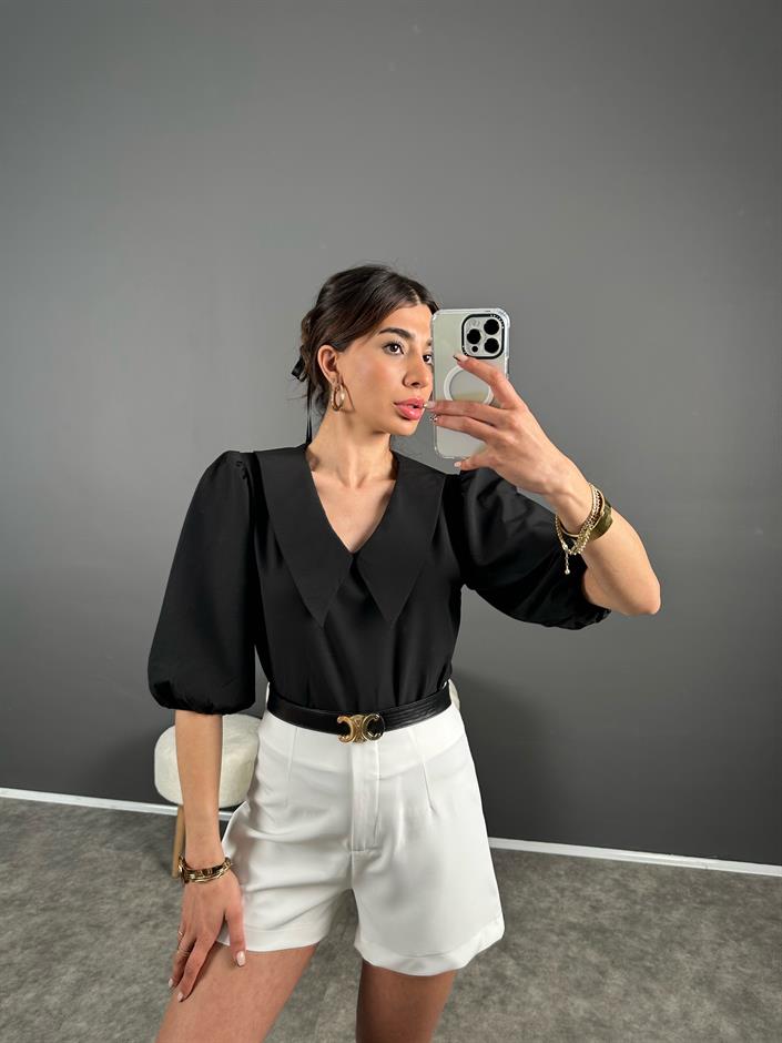 Misu Siyah Bebe Yaka Balon Kol Bluz 