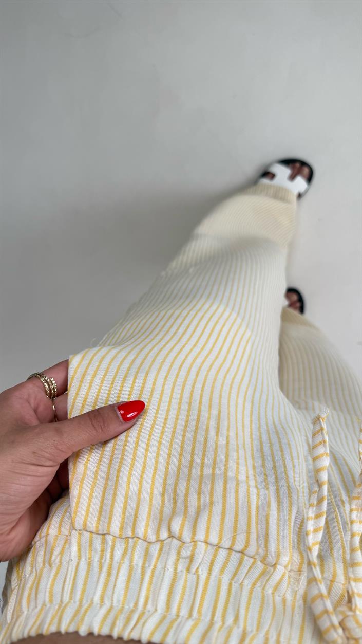 Sarı Beyaz Şeritli Beli Lastikli Keten Pantolon Gaus00479