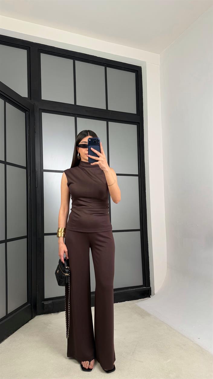 Kahve Sıfır Kol Bluz Beli Lastikli Pantolon Modal Takım GAUS-01348