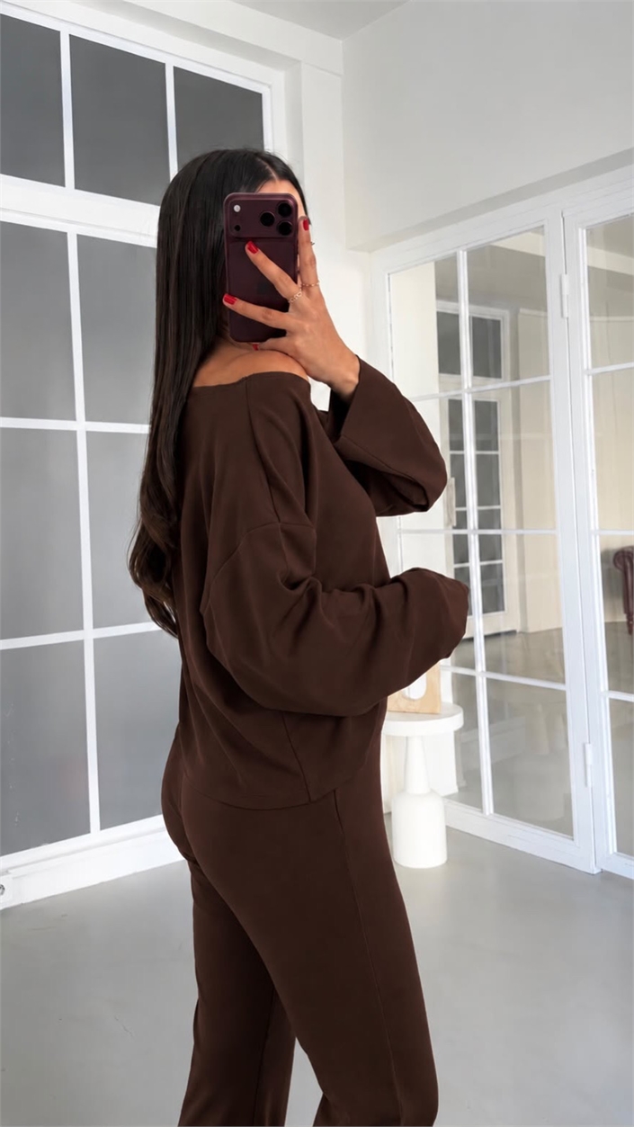 Acı Kahve Kayık Yaka Bluz Beli Lastikli Pantolon İkili Modal Takım GAUS-02168