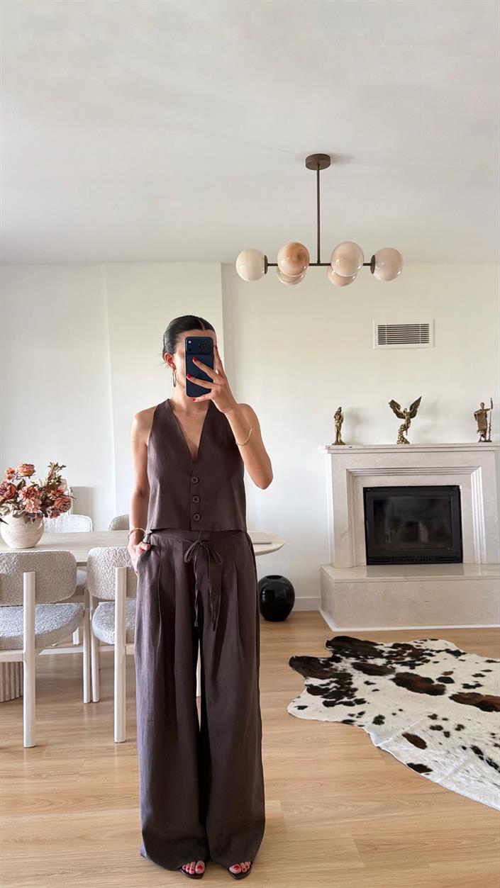Acı Kahve ZR Model Yelek Pantolon İkili Keten Takım GAUS-01593