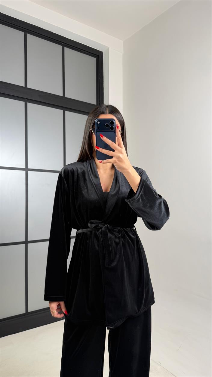 Siyah Kuşaklı Kimono Beli Lastikli Pantolon İkili Kadife Takım GAUS-01015