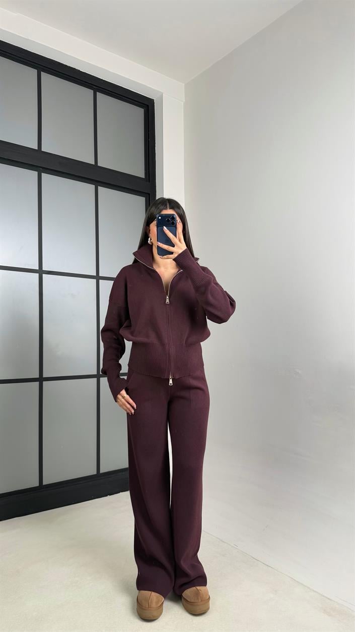Mürdüm Çift Fermuarlı Hırka Beli Lastikli Pantolon Triko Takım GAUS-01090