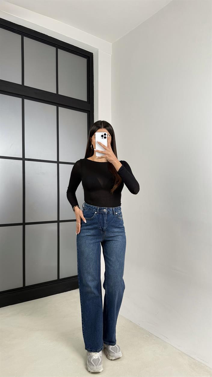 Mavi Yüksek Bel Düz Kesim Eskitme Jean GAUS-00549