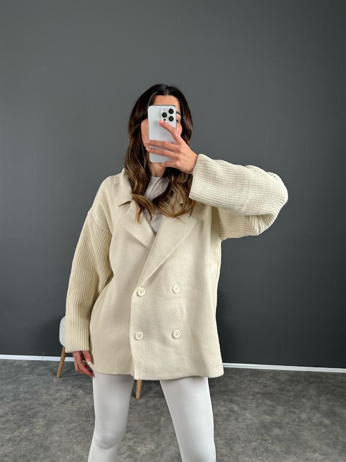 Life Ekru Oversize Düğmeli Premium Hırka 