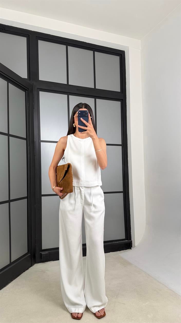 Beyaz Fermuarlı Bluz Beli Kuşaklı Pantolon İkili Denim Takım GAUS-01379 GAUS-01512