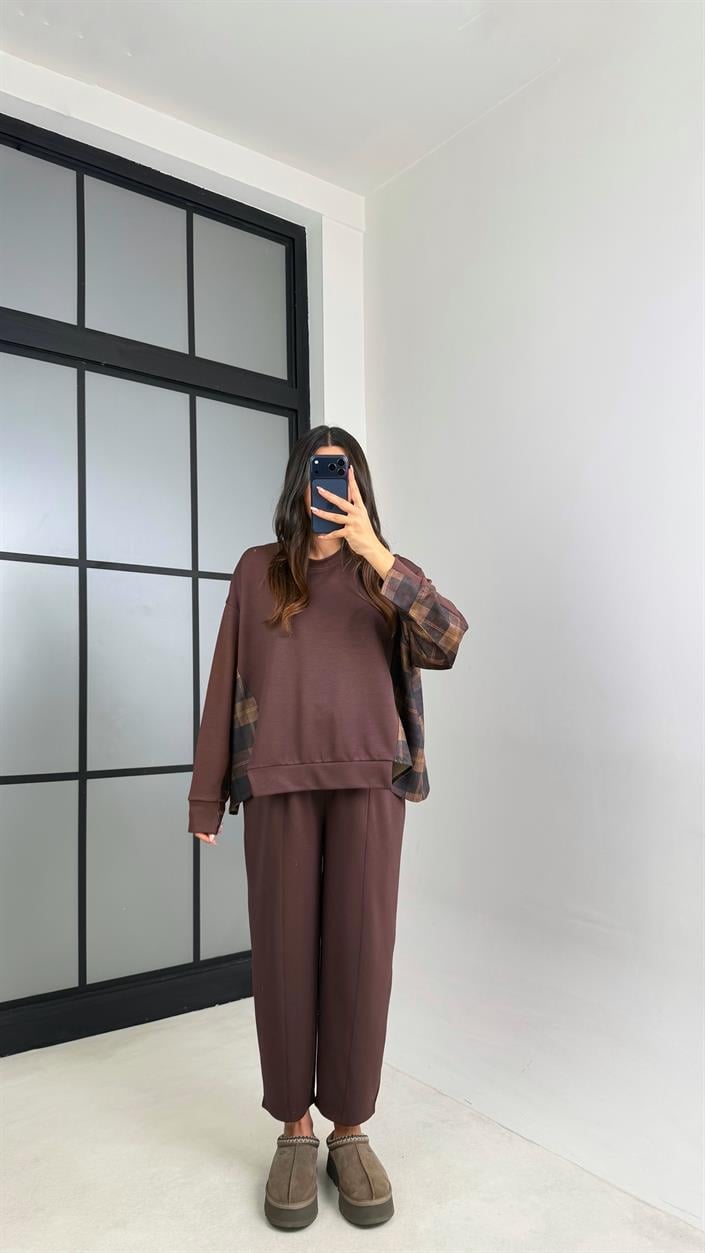 Kahve Ekose Detaylı Kazak Beli Lastikli Pantolon İkili Takım GAUS-00890