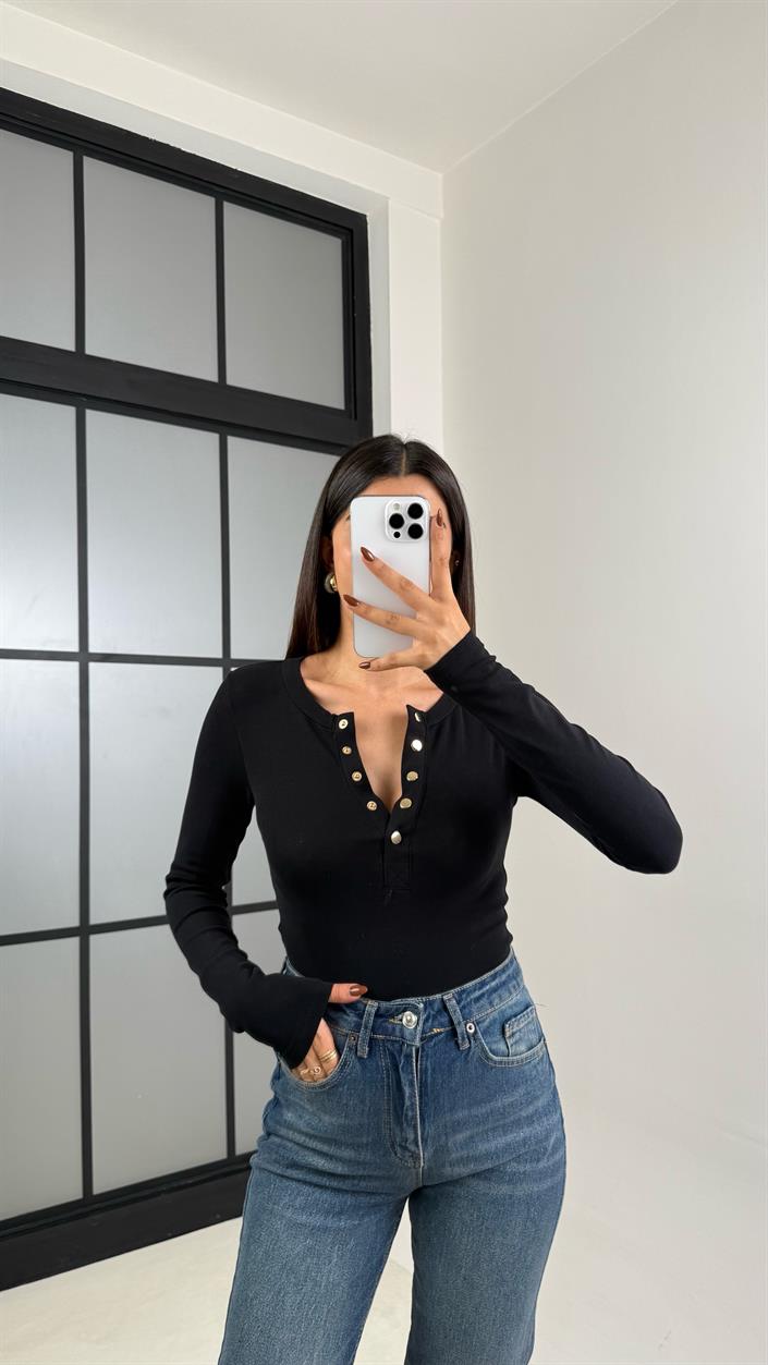 Siyah Uzun Kol Çıtçıt Detaylı Basic Bluz GAUS-00179