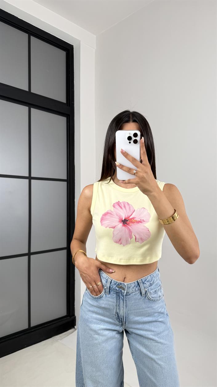 Sarı Çiçek Baskılı Crop Gaus00666