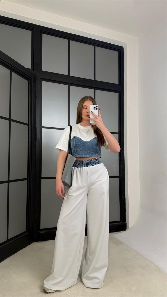 Beyaz Denim Detaylı Crop Beli Lastikli Pantolon Premium Takım GAUS-01273