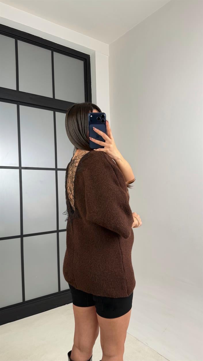 Kahve Arkası Dantel Detaylı Kazak GAUS-01091