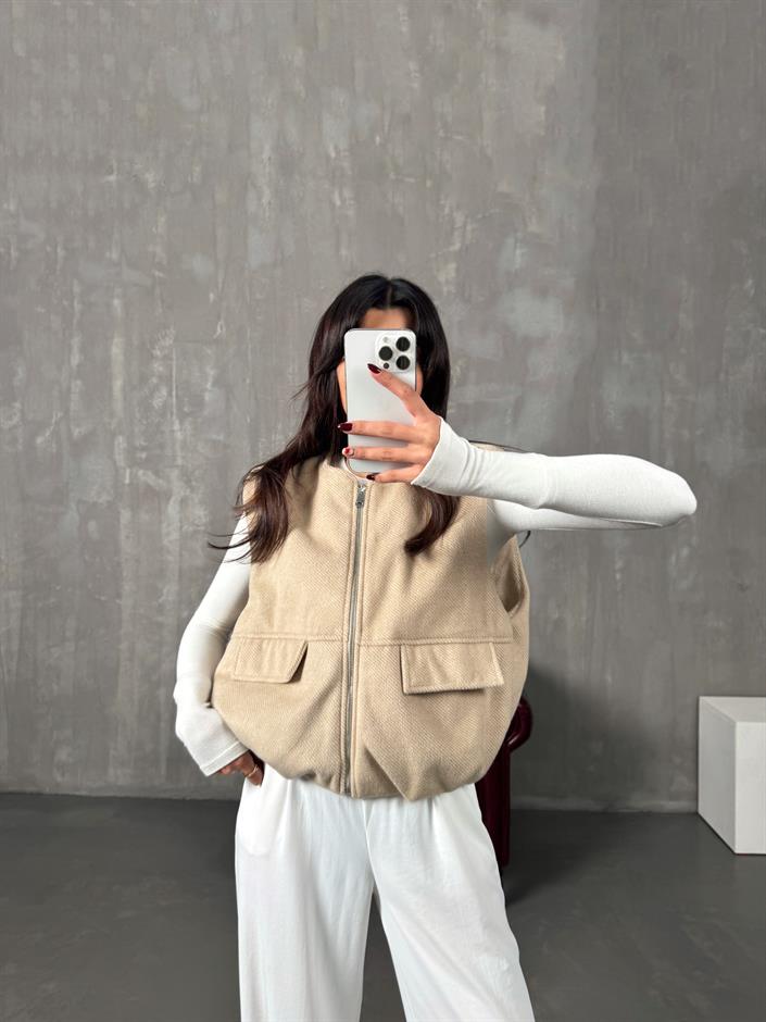 Exer Bej Fermuarlı Astarlı Kaşe Yelek