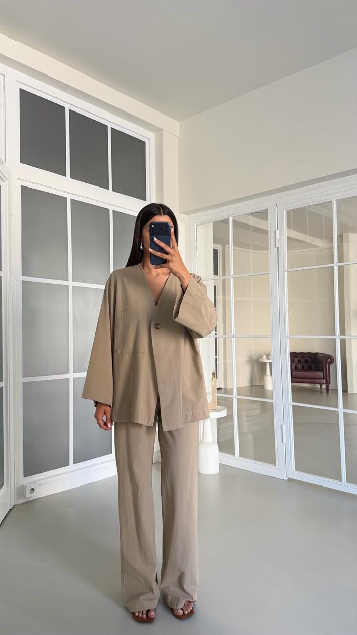 Vizon Kimono Beli Lastikli Pantolon İkili Keten Takım GAUS-01491