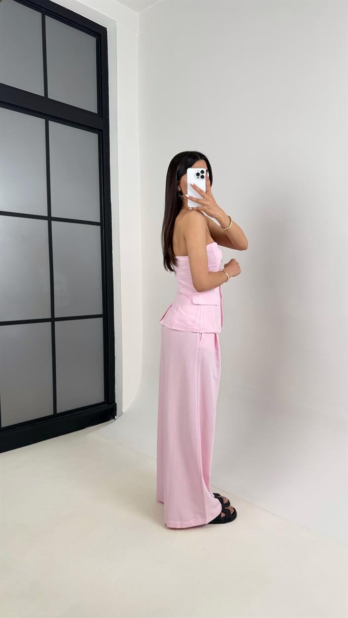 Pembe Straplez Düğmeli  Astarlı Yelek Cepli Pantolon İkili Keten Tasarım Takım Gaus00440