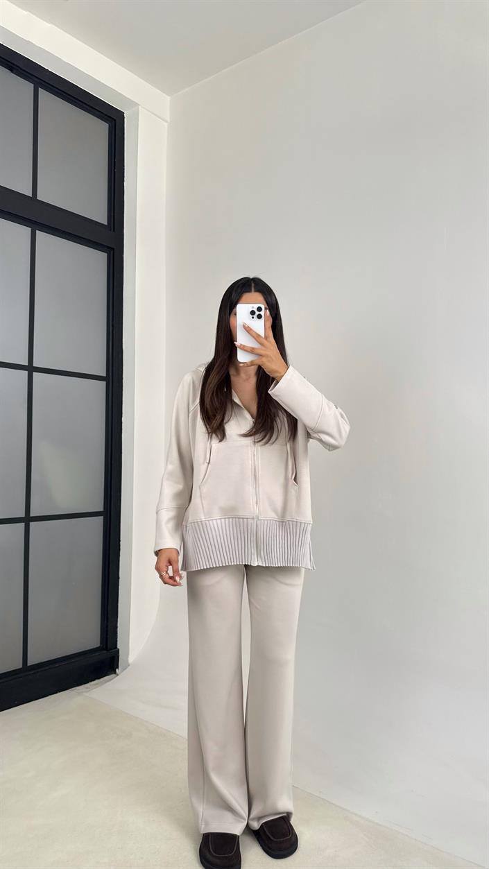 Ekru Kapüşonlu Hırka Beli Lastikli Pantolon İkili Premium Takım GAUS-0075