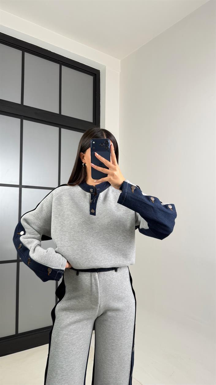 Gri Denim Detaylı Şardonlu Sweatshirt Eşofman Takım GAUS-00839