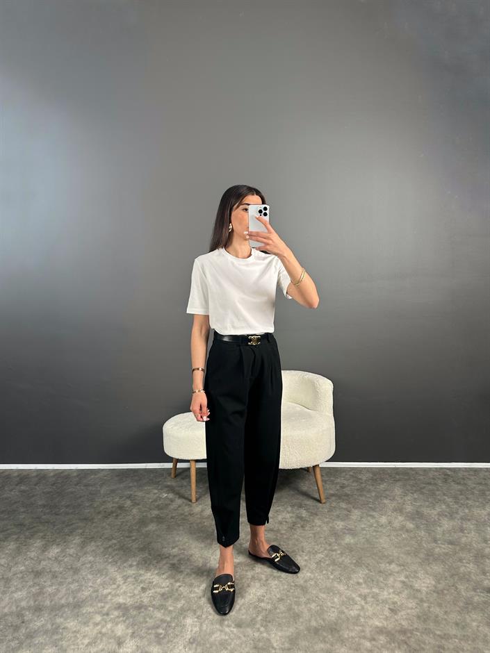 Siyah Paçası Düğmeli Zr Model Pantolon 