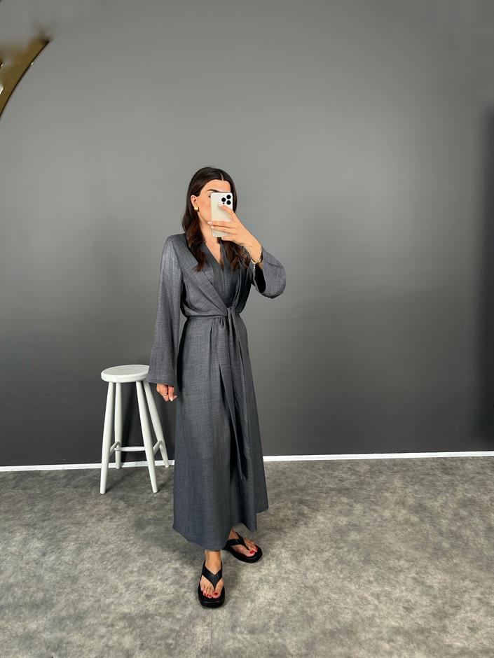 Aury Gri Önden Bağlamalı Pinterest Keten Elbise