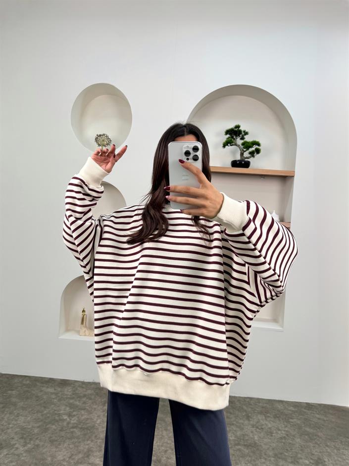 Biana Bordo Çizgili Üç İplik Şardonlu Ekru Oversize Sweatshirt