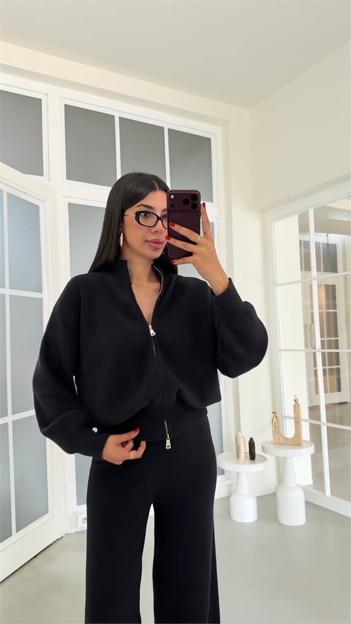 Siyah Çift Fermuarlı Hırka Beli Lastikli Pantolon İkili Yumuşak Kumaş Premium Takım GAUS-02303