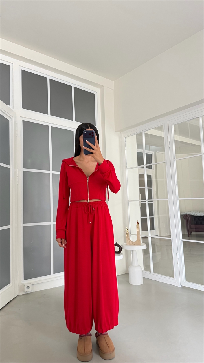 Kırmızı Kapüşonlu Hırka Beli Lastikli Geniş Paça Pantolon İkili OYS Modal Kumaş Takım GAUS-02152