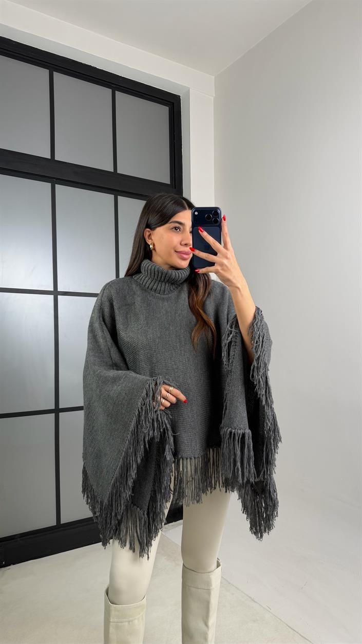 Antrasit Balıkçı Yaka Püskül Detaylı Panço Kazak GAUS-00953