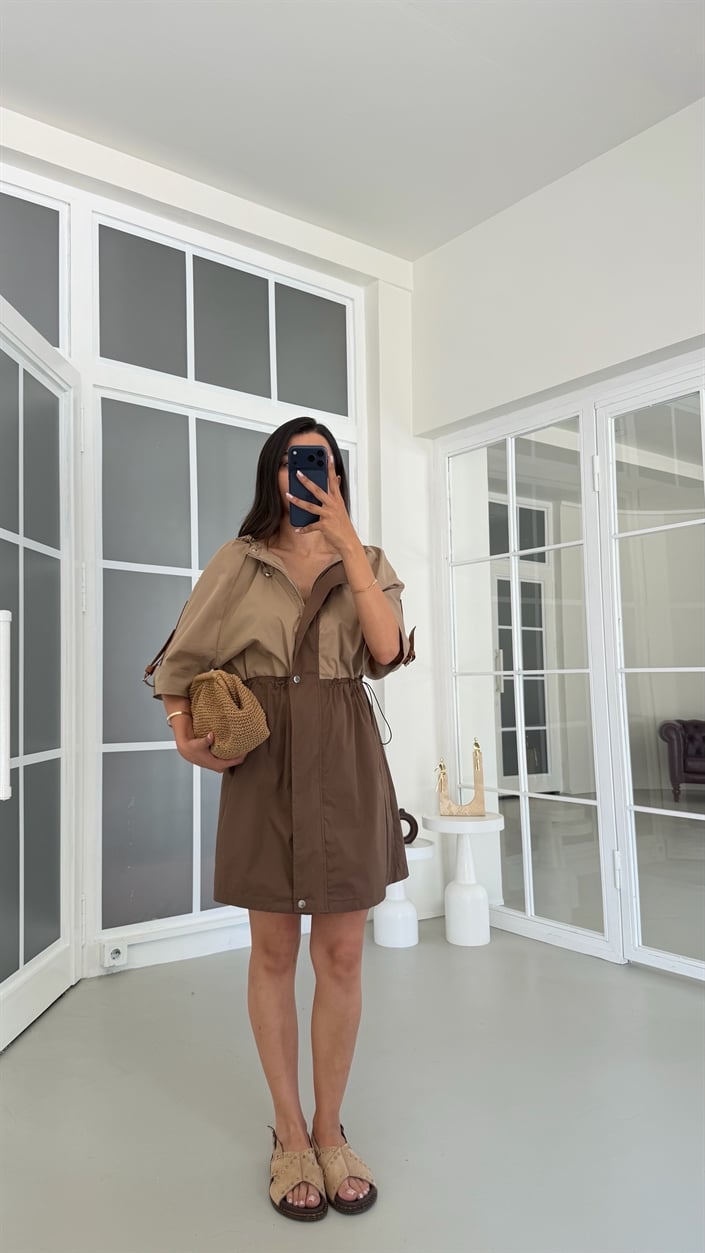 Camel Beli Lastikli Paraşüt Kumaş Elbise GAUS-01806