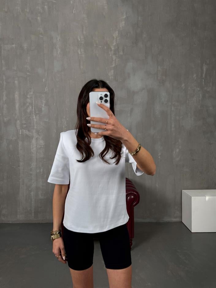 Marji Beyaz Vatkalı Bisiklet Yaka Basic Tshirt