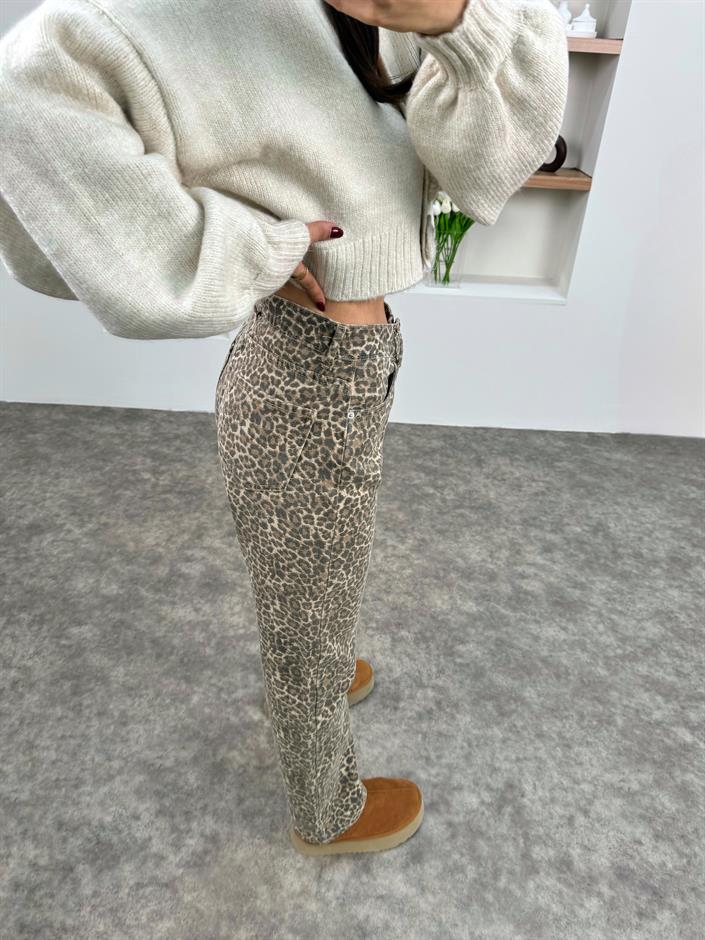 Erva Leopar Desenli Denim Pantolon