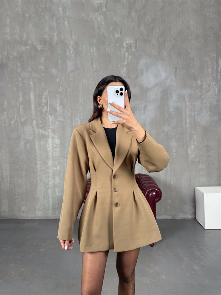 Tore Camel Belden Oturtmalı Düğmeli Astarlı Ceket