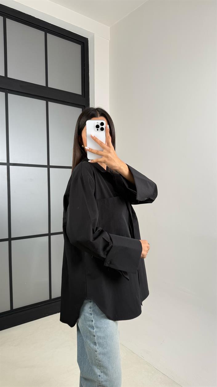 Siyah Gizli Düğmeli Kol Katlamalı Poplin Gömlek GAUS-00449