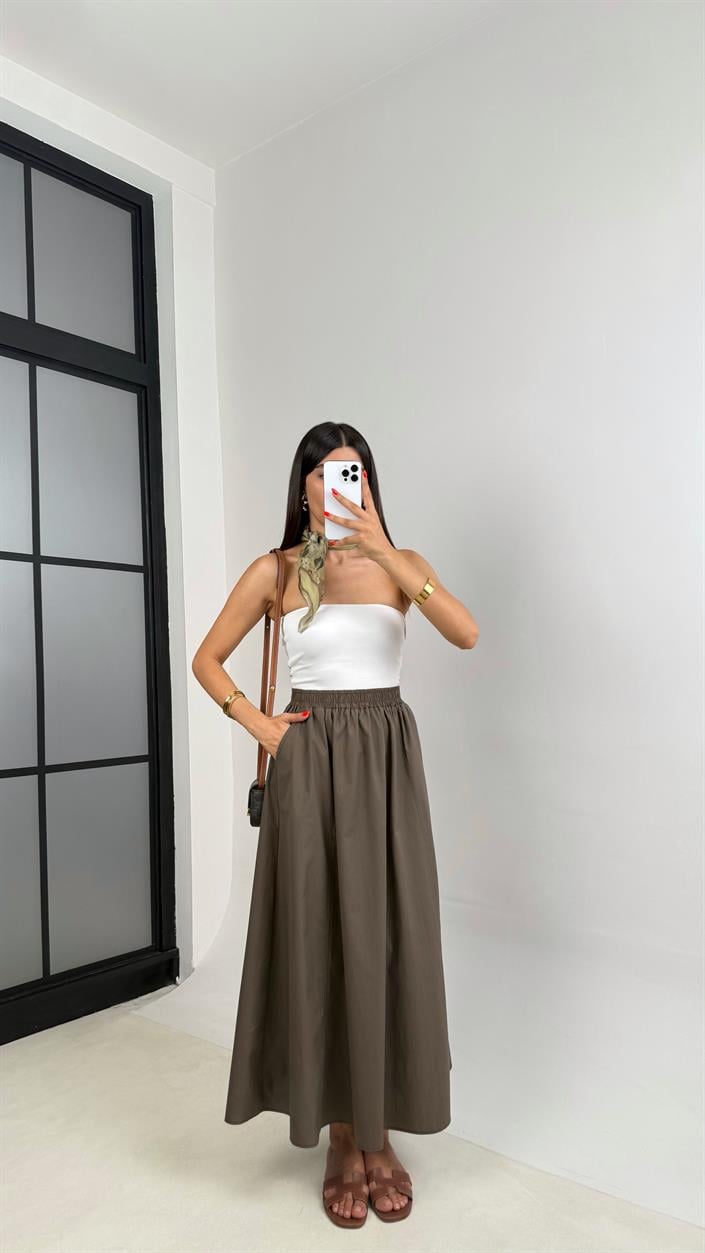 Haki Beli Lastikli Cepli Poplin Etek GAUS-0041